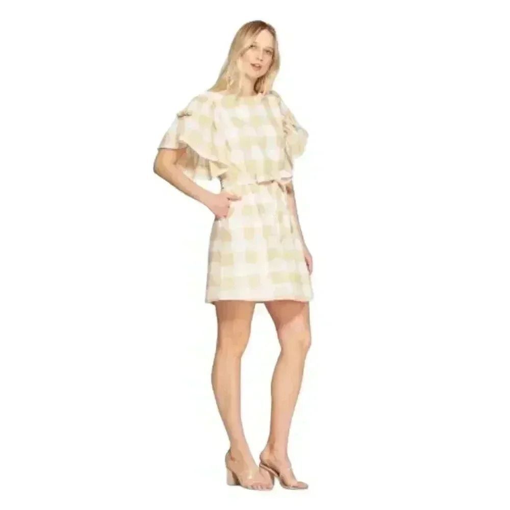 Who What Wear Women's Tan & White Cotton Large Gingham Checked Lined Dress w Ruf